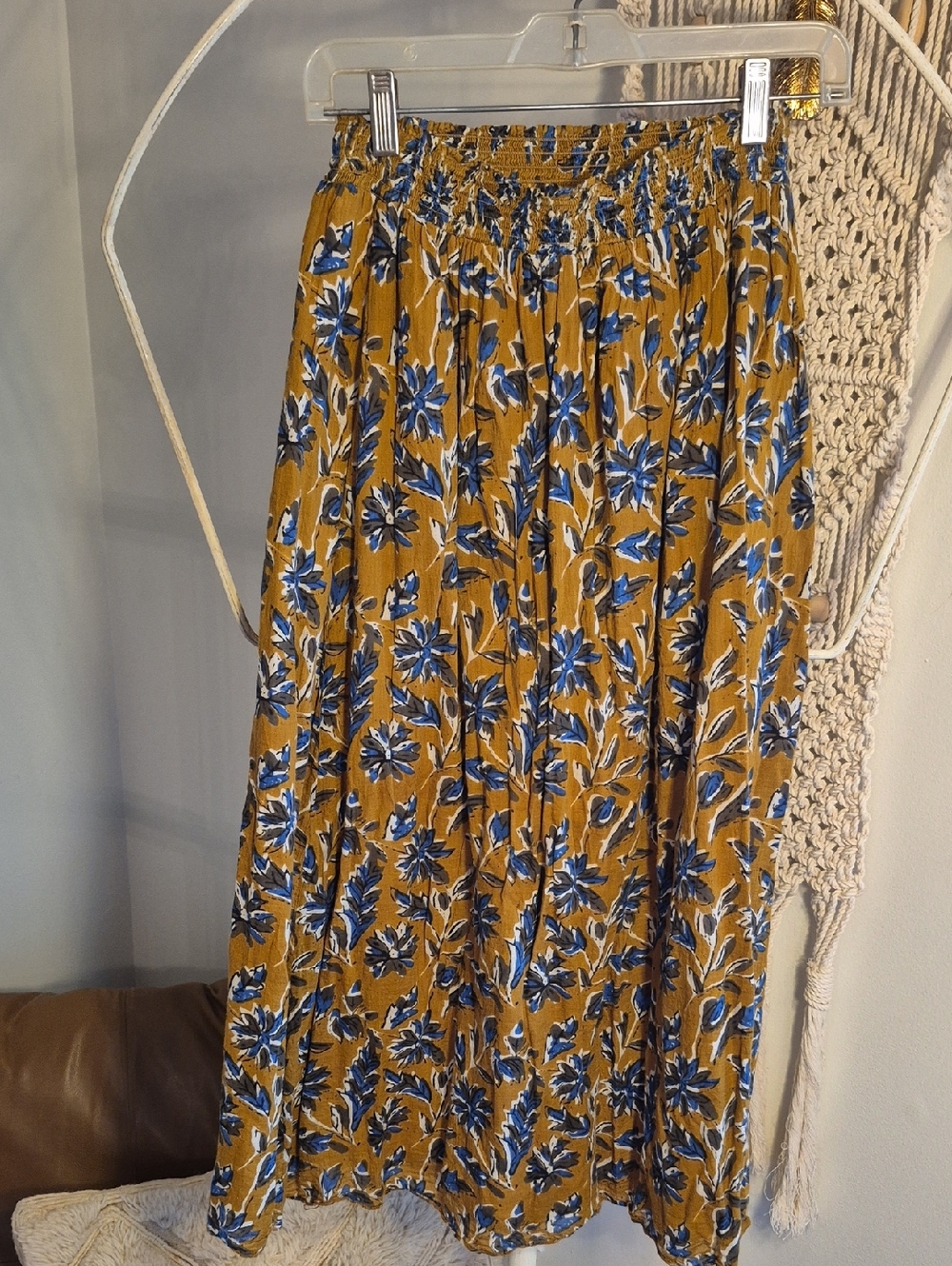 NATURAL LIFE Mustard Yellow Floral Midi Skirt with Blue Flowers